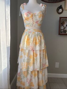 Wayf White and Yellow Floral Crop Top & Skirt Set
